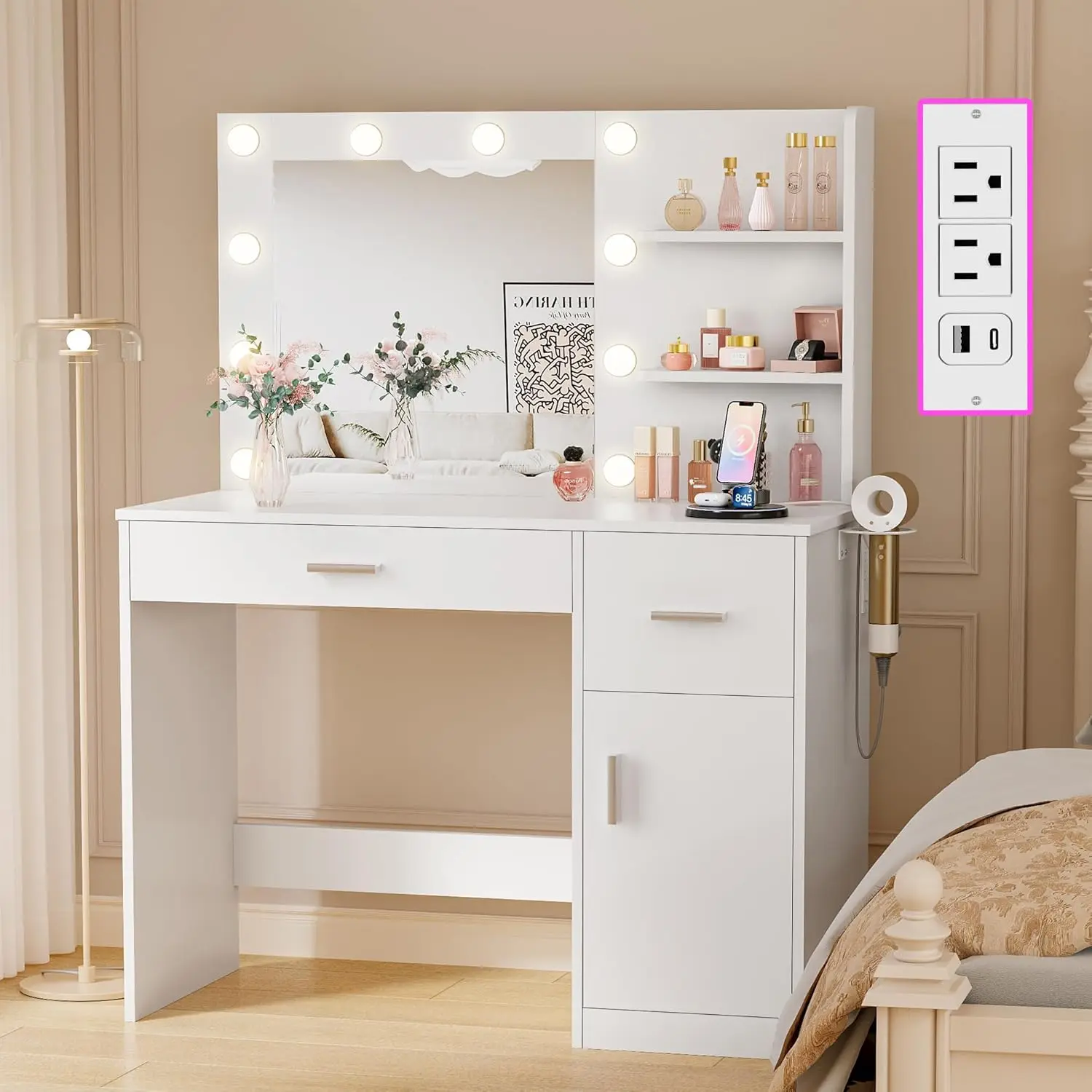 JUMMICO 35.4 Vanity Desk with LED Mirror & Power Outlet